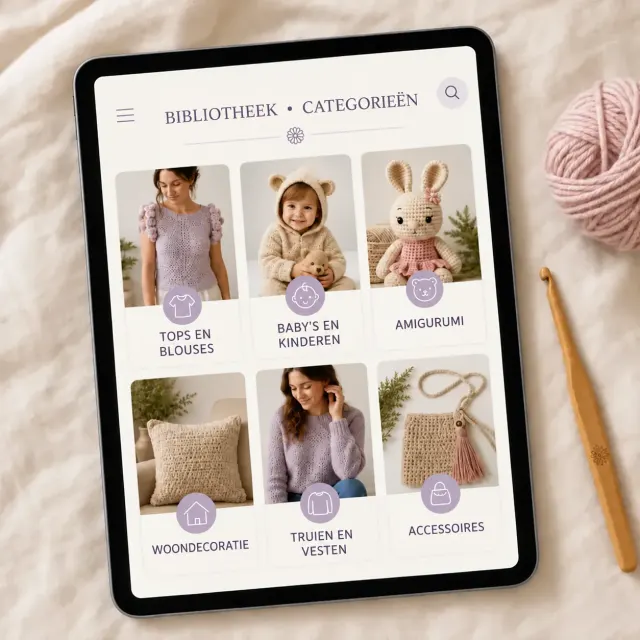 Tablet mit der Kategorieübersicht der Bibliothek: Tops und Blusen, Babys und Kinder, Amigurumi, Wohndekoration, Pullover und Cardigans, Accessoires