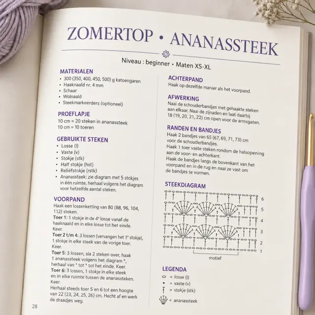 Anleitungsseite „Zomertop – ananassteek“ (Niveau: Anfänger) mit Material, Maschenprobe, verwendeten Maschen, Anleitung und Häkelschrift