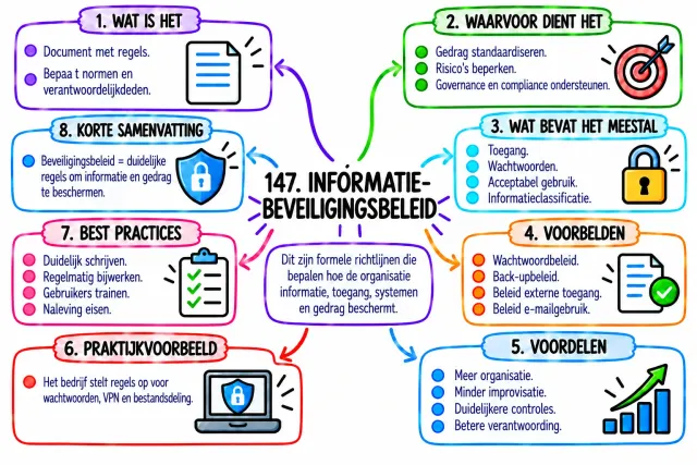 Mindmap 147, „Informatiebeveiligingsbeleid“ (Informationssicherheitsrichtlinie), mit acht nummerierten Abschnitten
