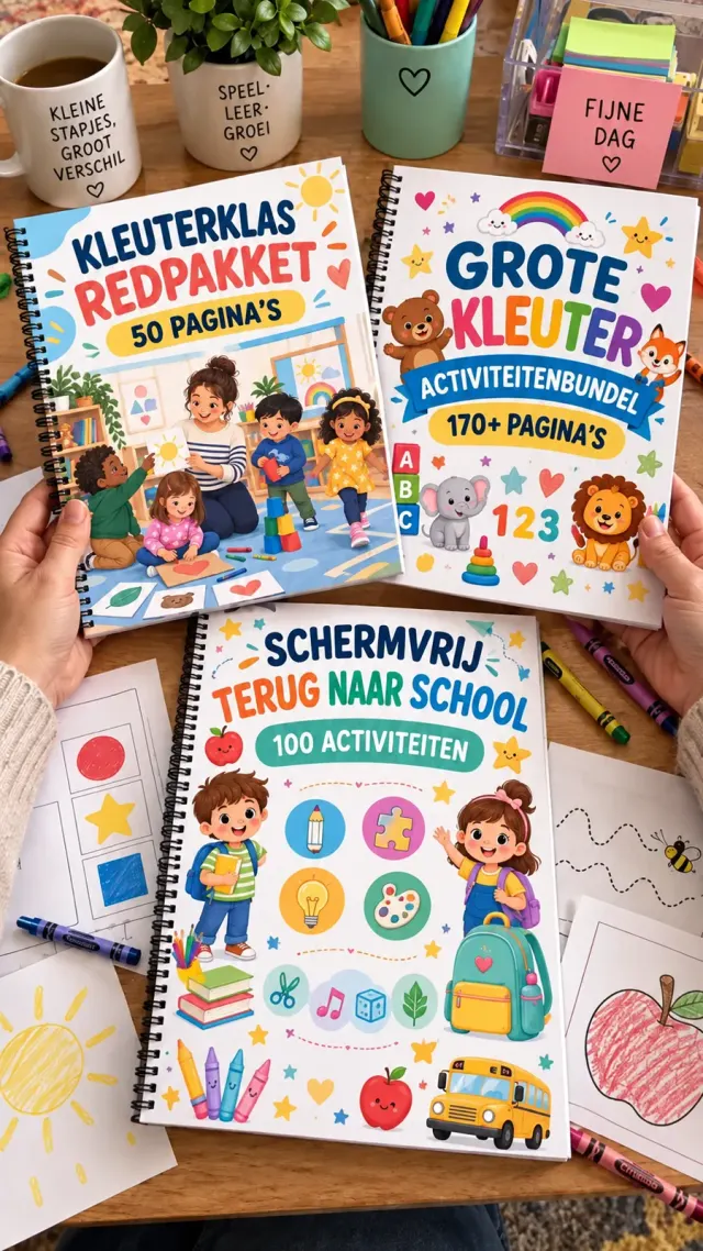 The three activity books on a classroom table with colouring sheets and crayons