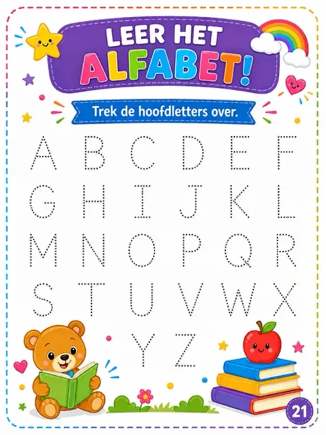 Worksheet “Leer het alfabet” on which children trace dotted capital letters from A to Z