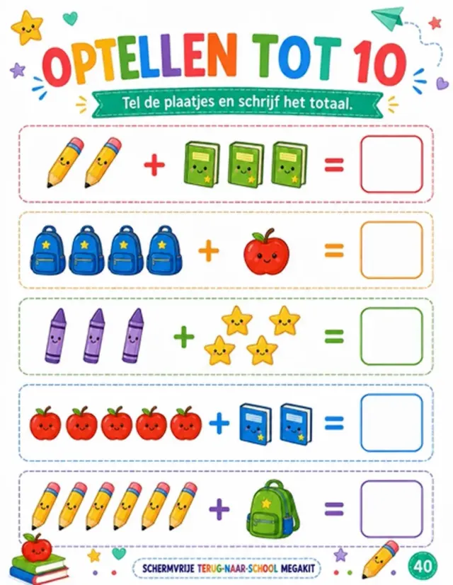 Worksheet “Optellen tot 10” with rows of picture-based addition sums