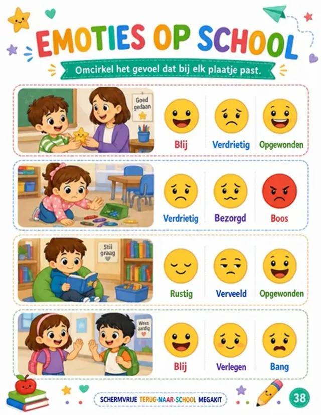 Worksheet “Emoties op school” matching feelings to classroom scenes