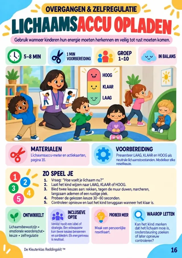 Activity page “Lichaamsaccu opladen” on movement and self-regulation, showing a teacher and children
