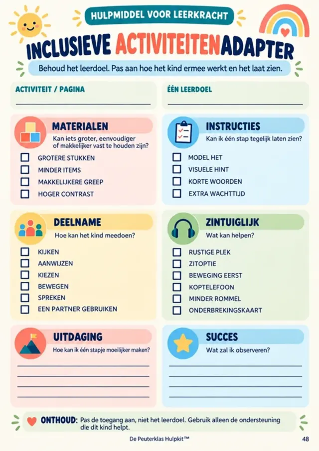 Teacher aid “Inclusieve activiteitenadapter” with checklists for materials, instructions and participation