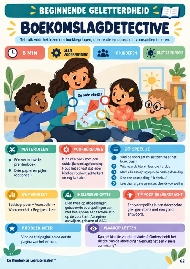 Early-literacy activity page “Boekomslagdetective” showing a teacher and children reading together