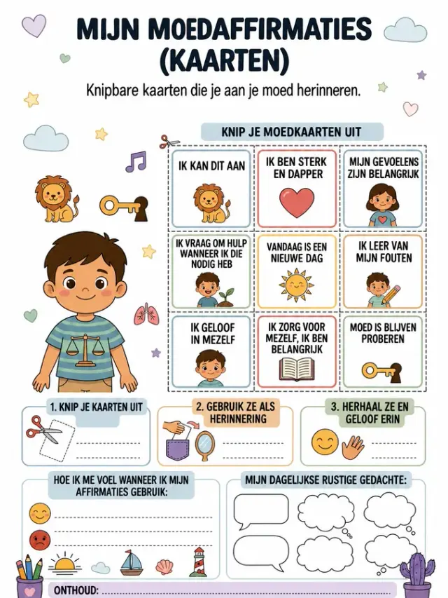 Blatt „Mijn moedaffirmaties“ mit Mut-Affirmationskarten zum Ausschneiden und weiteren Schritten