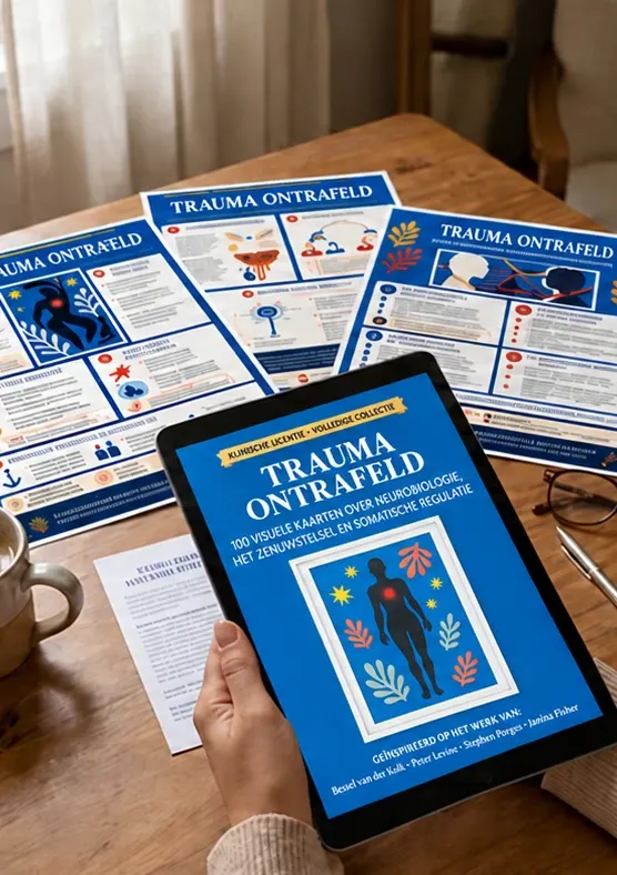 Ausgedruckte Karten aus „Trauma Ontrafeld“ auf einem Holztisch neben einem Tablet, das das Titelblatt zeigt