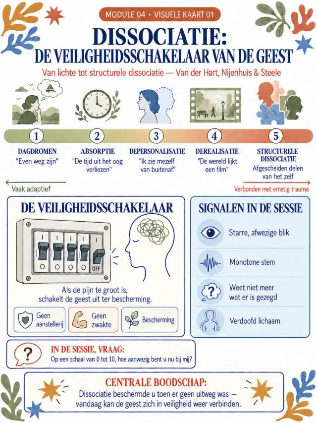 Karte aus Modul 4, „Dissociatie: de veiligheidsschakelaar van de geest“, mit einem fünfstufigen Dissoziationsspektrum