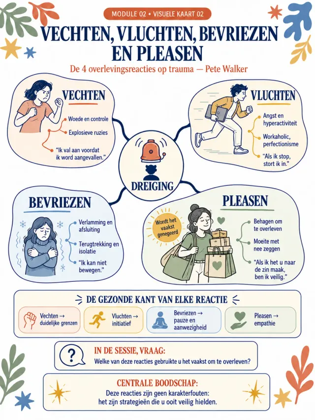 Karte aus Modul 2, „Vechten, vluchten, bevriezen en pleasen“, mit den vier Überlebensreaktionen rund um einen Bedrohungsalarm